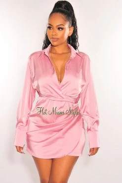 EDIT BY NINE Just In Blush Silky Collared Long Sleeve Knotted Slit Shirt Dress