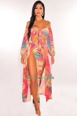 Goodtime USA Multi Color Palm Print Off Shoulder Double Slit Skirt Two Piece Set Just In