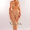 LOVESENSE Nude Knit Halter Triangle Top Fringe Ladder Cut Pants Two Piece Set Just In