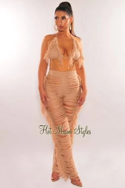 LOVESENSE Nude Knit Halter Triangle Top Fringe Ladder Cut Pants Two Piece Set Just In
