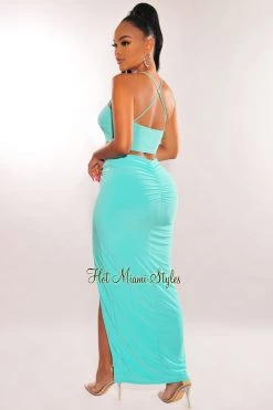 SPRING HAZE Just In Mint Knotted Slit Skirt Two Piece Set