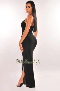 MEEK Black Ribbed Shimmery Halter Drawstring Slit Maxi Dress