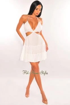 Renamed White Halter Lace Up Back Cut Out Babydoll Dress