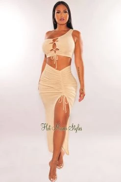 MEEK Nude Shimmery One Shoulder Lace Up Slit Skirt Two Piece Set