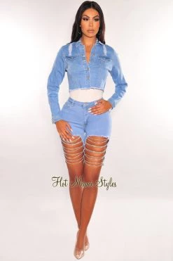 AMERICAN BAZI Just In Light Denim Collared Destroyed Silver Chain Long Sleeve Jacket