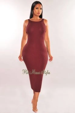 EDIT BY NINE Dresses Chocolate Ribbed Sleeveless Scoop Back Midi Dress
