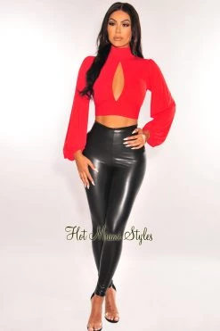 MEEK Cherry Red Mock Neck Keyhole Long Sleeve Tie Up Crop Top Just In