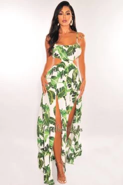 Hers & Mine Just In White Palm Print Smocked Cut Out Double Slit Maxi Dress