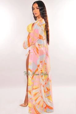 Hollywood & I Just In Multi Color Print Long Sleeve Maxi Cover Up
