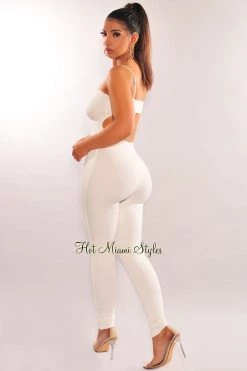 Flauntings White Spaghetti Straps Cut Out Back Jumpsuit