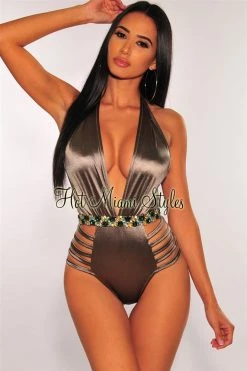 Vendor-unknown Smoke Halter Rhinestone Strappy Sides Swimsuit