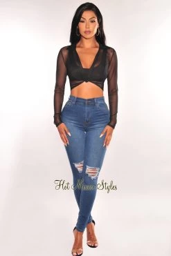 A3 DESIGN Black Mesh Collared Knotted Long Sleeve Crop Top Just In