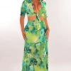 Banjul Green Tropical Print Tie Up Smock Ruffle Maxi Skirt Two Piece Set