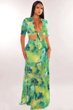 Banjul Green Tropical Print Tie Up Smock Ruffle Maxi Skirt Two Piece Set