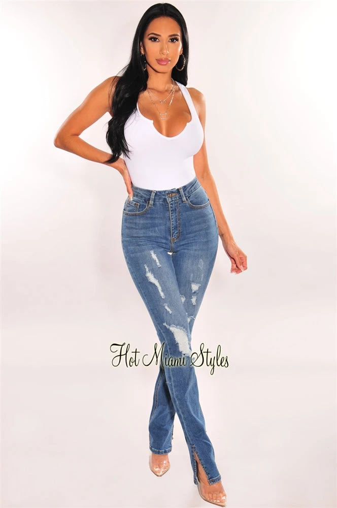 Vendor-unknown Blue Denim Distressed Straight Leg Slit Hem Jeans