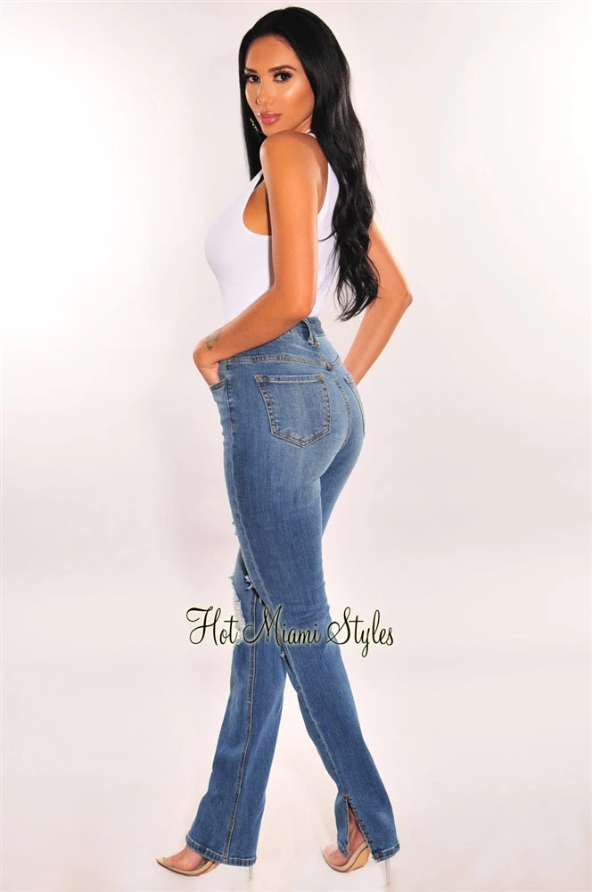 Vendor-unknown Blue Denim Distressed Straight Leg Slit Hem Jeans