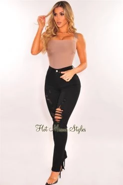 Vendor-unknown Just In Black Denim High Waist Distressed Leg Slit Hem Jeans