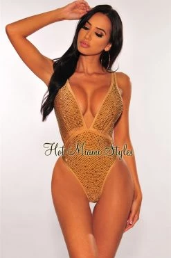 Vendor-unknown Mocha Bronze Rhinestone Cut Out Swimsuit Just In