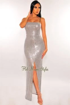 ARK & Co Just In Silver Sequins Tie Up Back Slit Maxi Dress