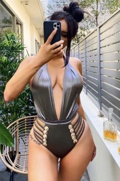 Vendor-unknown Smoke Halter Gold Button Strappy Sides Swimsuit