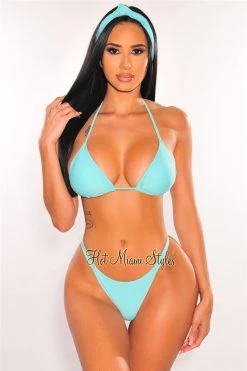 Vendor-unknown Just In Light Aqua Padded Triangle Scrunch Butt Bikini + Headband