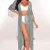 Vendor-unknown Just In Dusty Sage Crochet Fringe Belted Maxi Cover Up