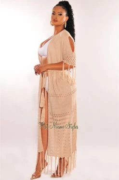 Vendor-unknown Just In Mocha Crochet Fringe Belted Maxi Cover Up