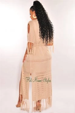 Vendor-unknown Just In Mocha Crochet Fringe Belted Maxi Cover Up