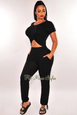 Orange Shine Black V Neck Short Sleeves Knotted T Shirt Top