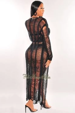 No 1 Swim Black Long Sleeve Ladder Cut Belted Cover Up