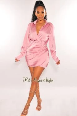 EDIT BY NINE Just In Blush Silky Collared Long Sleeve Knotted Slit Shirt Dress