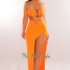 Dexire Tangerine Strapless Tie Up Gold Ring Slit Skirt Two Piece Set
