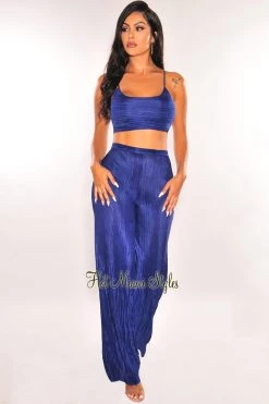 MEEK Just In Deep Blue Ribbed Palazzo Pants Two Piece Set