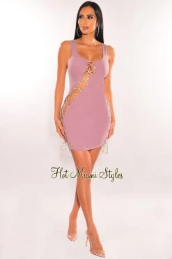 Hot & Delicious Just In Dusty Lavender Silver Studded Lace Up Sleeveless Dress