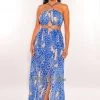 LUXXEL Royal Blue Animal Print O-Ring Cord Cut Out Double Slit Maxi Dress Just In