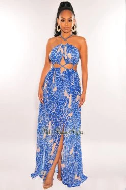 LUXXEL Royal Blue Animal Print O-Ring Cord Cut Out Double Slit Maxi Dress Just In