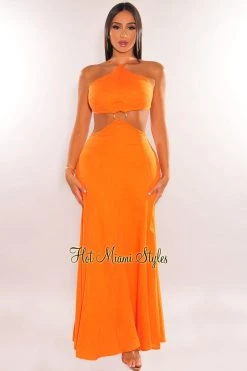 LUXXEL Orange Linen Halter O-Ring Cut Out Maxi Dress