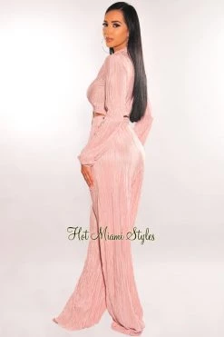 MEEK Just In Blush Collared Long Sleeve Pleated Palazzo Pants Two Piece Set