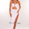 Hera Collection Just In White Ribbed Halter O-Ring Cut Out Slit Maxi Dress