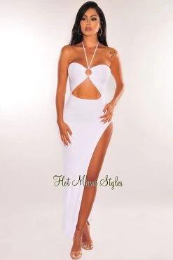 Hera Collection Just In White Ribbed Halter O-Ring Cut Out Slit Maxi Dress