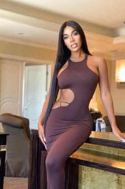 Vendor-unknown Just In Chocolate Sleeveless Gold Chain Cut Out Midi Dress