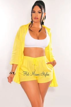 Hollywood & I Yellow Linen Collared Button Up ¾ Sleeves Shorts Two Piece Set Short Sets