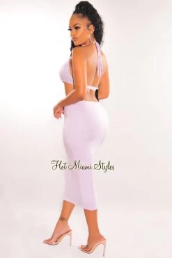 HER SHE Lilac Halter V Neck Cut Out Open Back Ruched Midi Dress