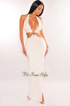 Dexire White Halter Gold Ring Slit Maxi Dress Just In