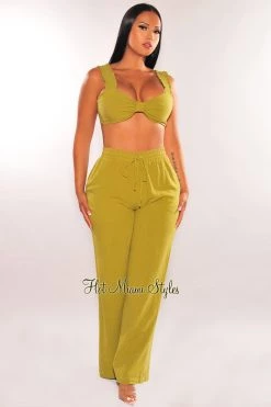 EDIT BY NINE Green Linen Knotted Palazzo Pant Two Piece Set Sets