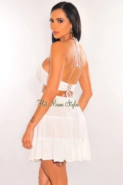 Renamed White Halter Lace Up Back Cut Out Babydoll Dress
