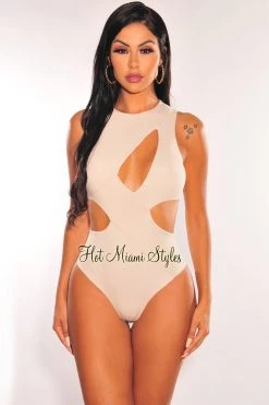 HER SHE Nude Ribbed Knit Sleeveless Cut Out Bodysuit