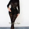 WILD CAT Just In Black Floral Lace Sheer Padded Shoulder Bodysuit Pants Two Piece Set