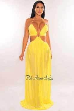 CHERRY MELLOW Yellow Halter Mesh O-Ring Cut Out Maxi Dress