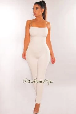 Flauntings White Spaghetti Straps Cut Out Back Jumpsuit
